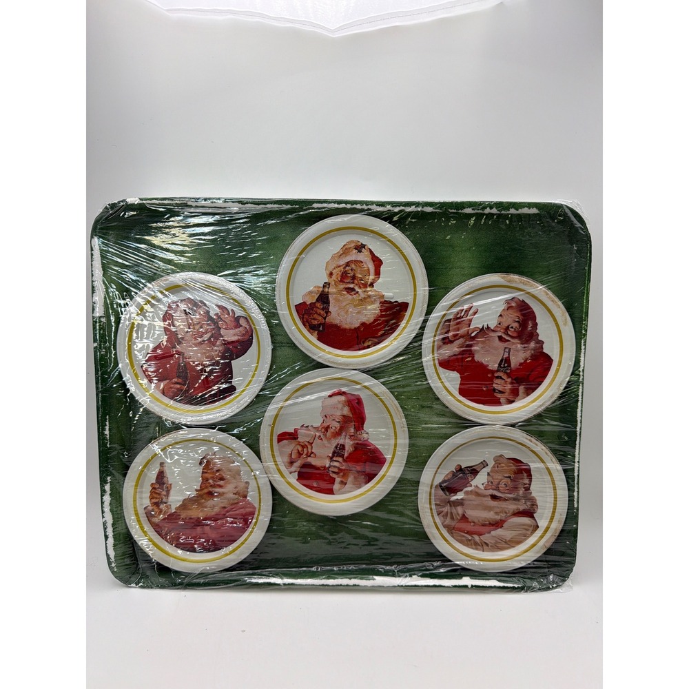 Vintage Coca-Cola Christmas Santa Tin Serving Tray and 6 Coasters Set Green